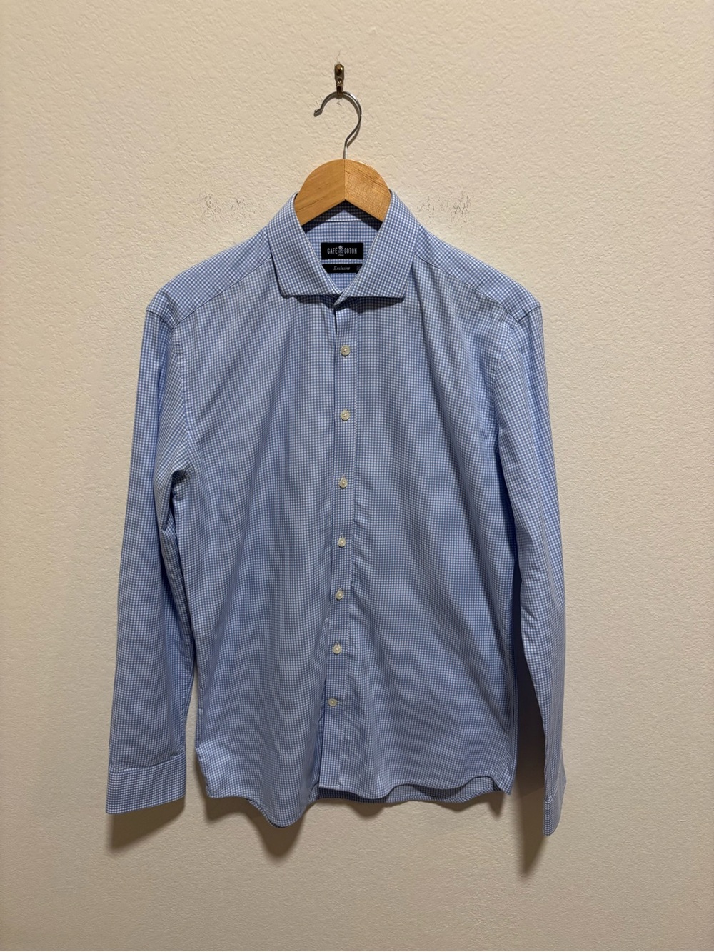 Cafe Coton Paris Blue Micro-Check Men's Dress Shirt Gingham Exclusive